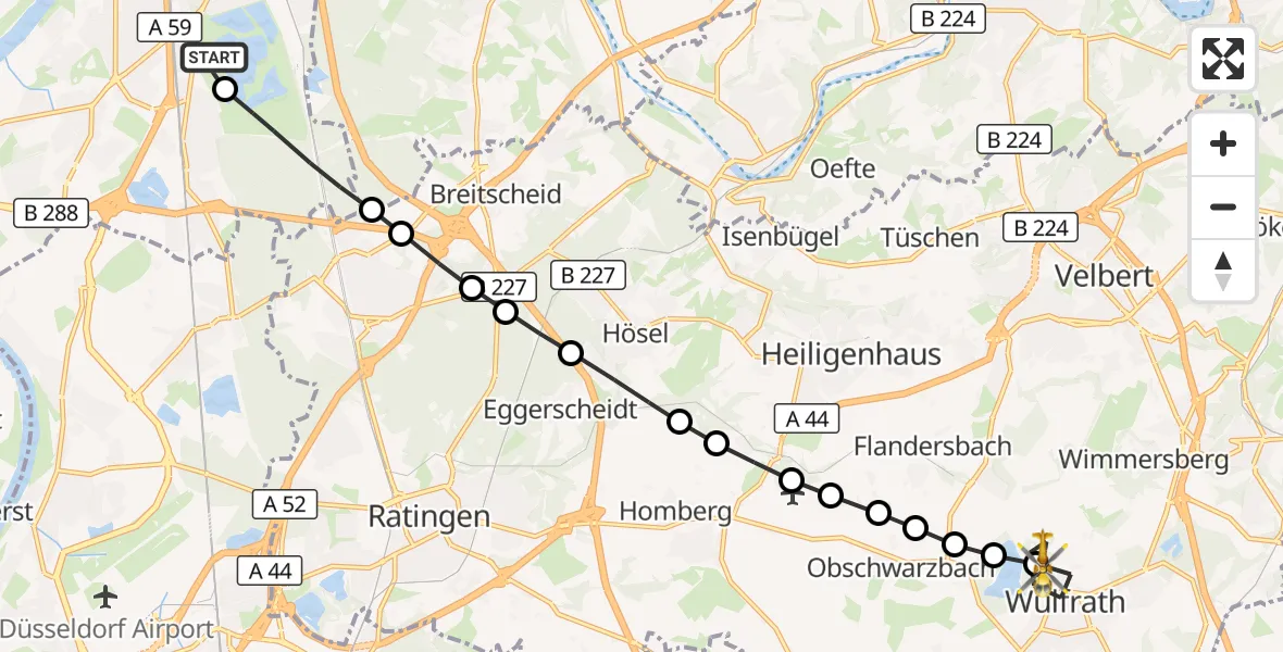 Flugroute Rettungshubschrauber Duisburg Air Rescue Heliport (Christoph 9) - Wülfrath, 10 März 2026, 08:04