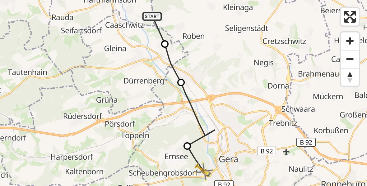 Routekaart van de vlucht: Rettungshubschrauber nach Gera, Hainbergweg