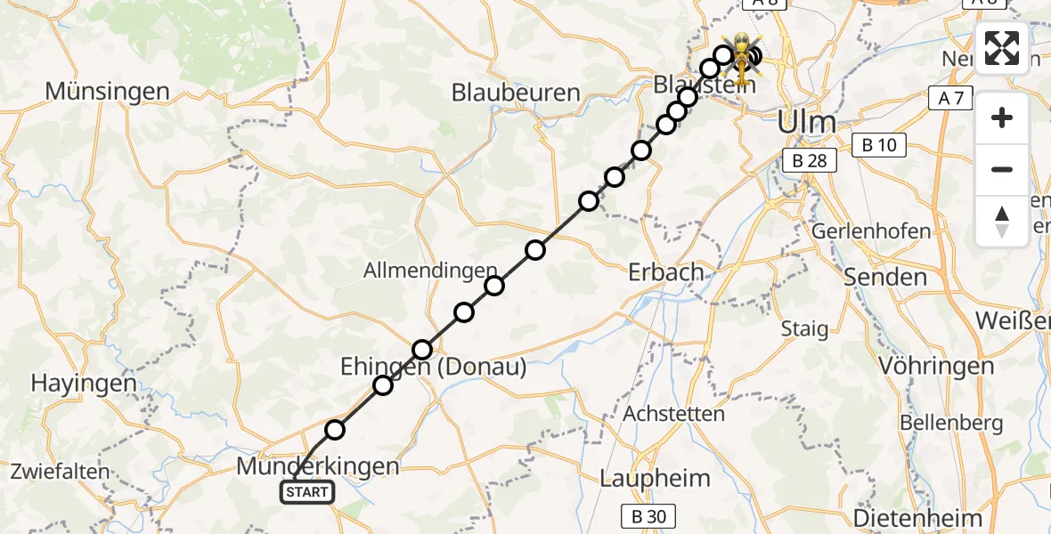 Flugroute Rettungshubschrauber Munderkingen - ADAC Air Rescue Station Ulm (Christoph 22), 10 März 2026, 08:18