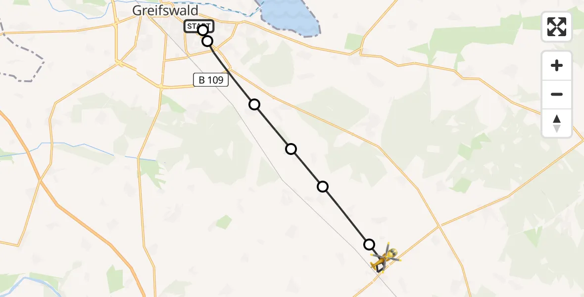 Flugroute Rettungshubschrauber Greifswald Hospital - Züssow, 10 März 2026, 08:21
