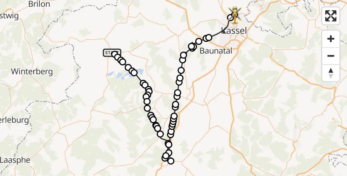 Flugroute Rettungshubschrauber Korbach - Fuldatal Federal Police Heliport, 10 März 2026, 08:22