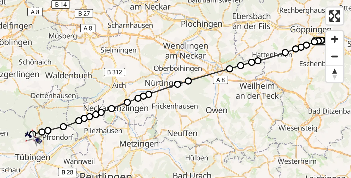 Flugroute Polizeihubschrauber Göppingen (Kernstadt) - Tübingen, 10 März 2026, 08:26