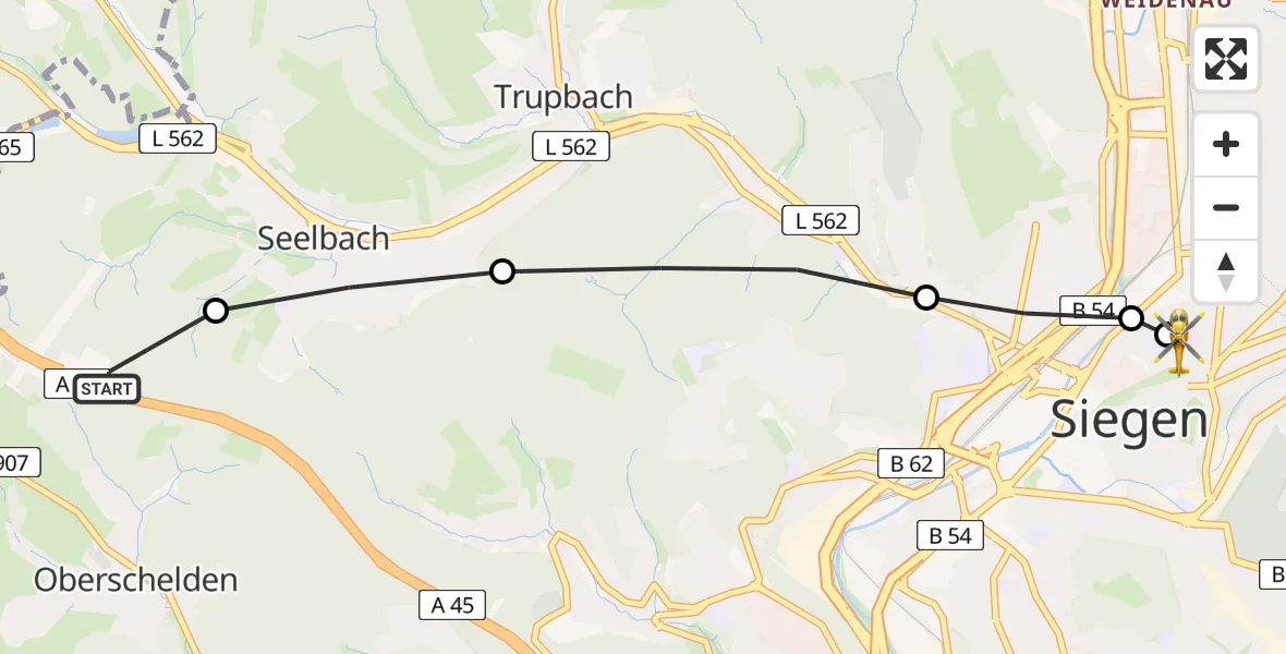 Flugroute Rettungshubschrauber Oberschelden - Marien Hospital Siegen, 10 März 2026, 08:30