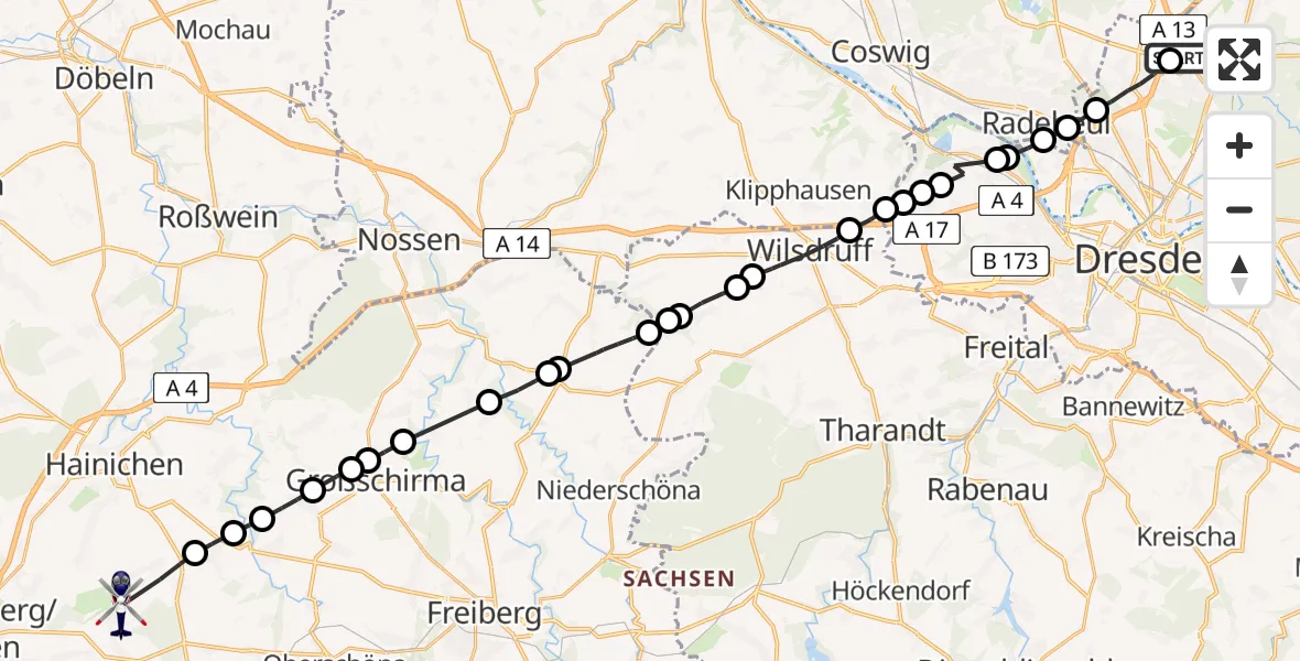 Flugroute Polizeihubschrauber Dresden Airport - Langenstriegis, 10 März 2026, 08:30
