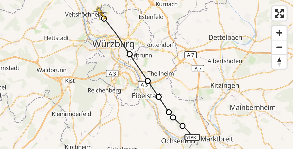 Flugroute Rettungshubschrauber Frickenhausen am Main - Veitshöchheim, 10 März 2026, 08:38