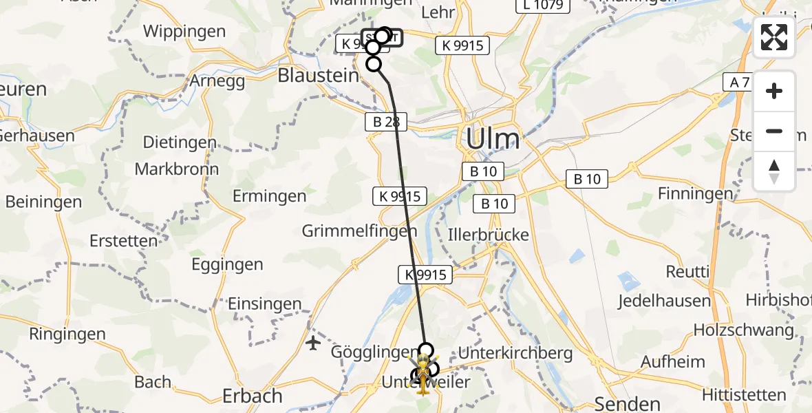 Flugroute Rettungshubschrauber Ulm Military Hospital Emergency - Unterweiler, 10 März 2026, 08:45