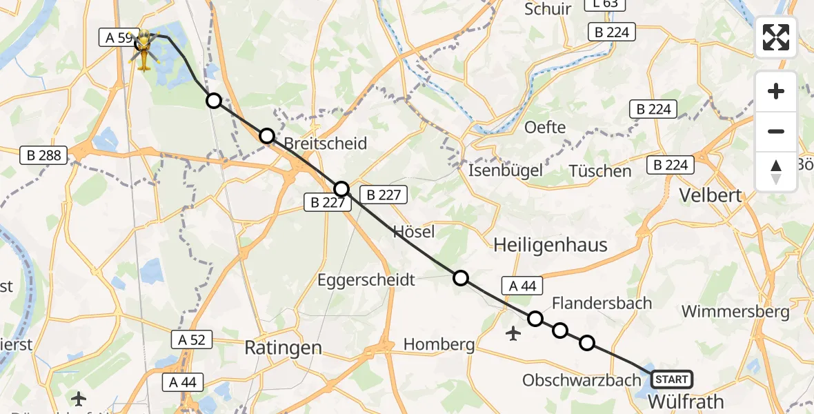 Flugroute Rettungshubschrauber Wülfrath - Duisburg Air Rescue Heliport (Christoph 9), 10 März 2026, 08:45