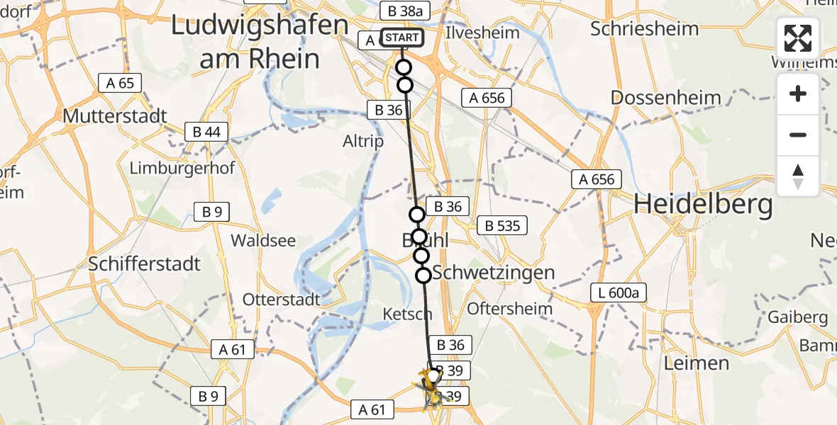 Flugroute Rettungshubschrauber Mannheim-City Airport - Hockenheim, 10 März 2026, 08:50