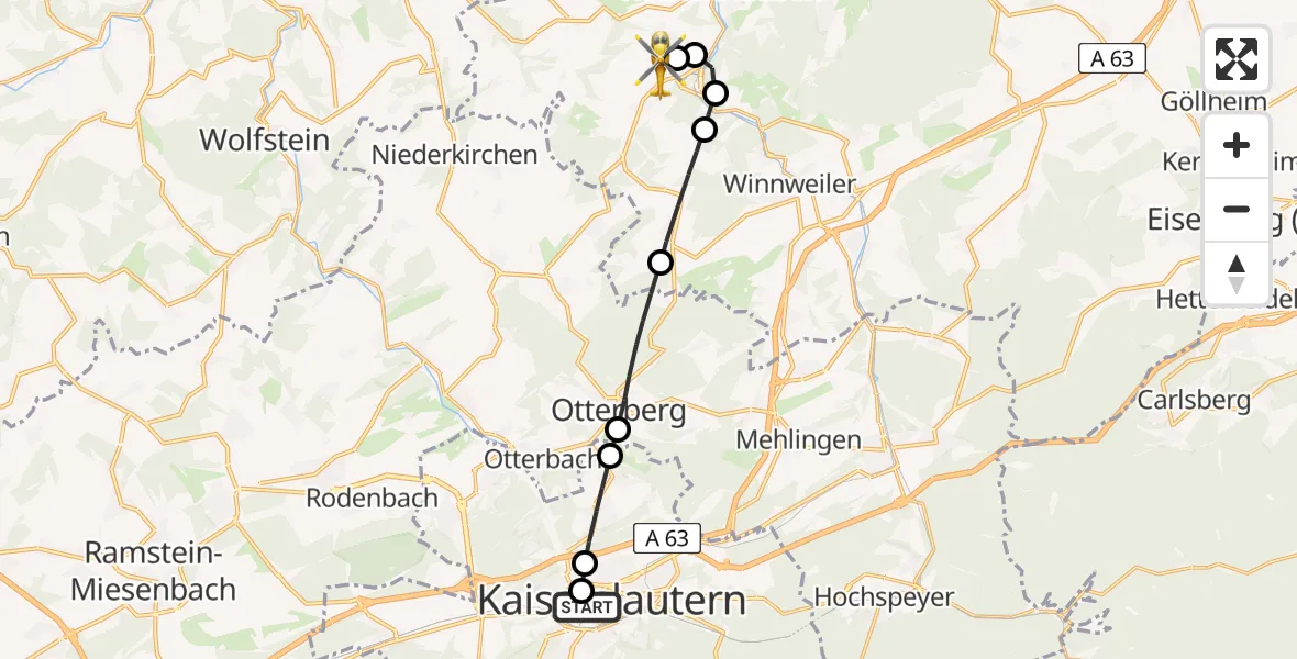 Flugroute Rettungshubschrauber Westpfalz Hospital Kaiserslautern - Imsweiler UL, 10 März 2026, 08:51