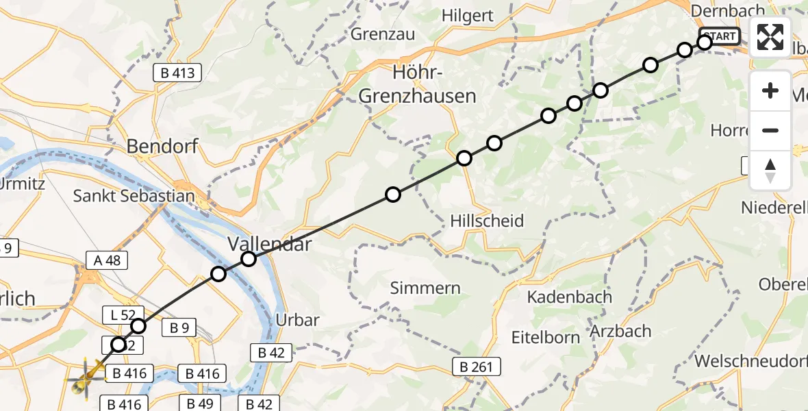 Flugroute Rettungshubschrauber Dernbach Sacred Heart Hospital - Koblenz, 10 März 2026, 08:52