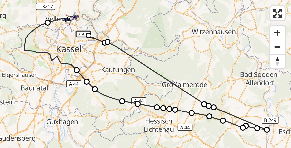 Flugroute Polizeihubschrauber Ihringshausen - Fuldatal Federal Police Heliport, 10 März 2026, 08:52