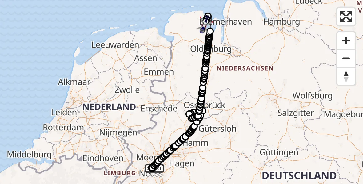 Flugroute Polizeihubschrauber Düsseldorf Airport - Wilhelmshaven, 10 März 2026, 08:53