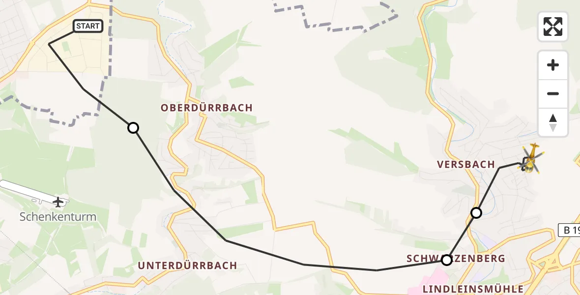 Flugroute Rettungshubschrauber Veitshöchheim - Würzburg, 10 März 2026, 09:02
