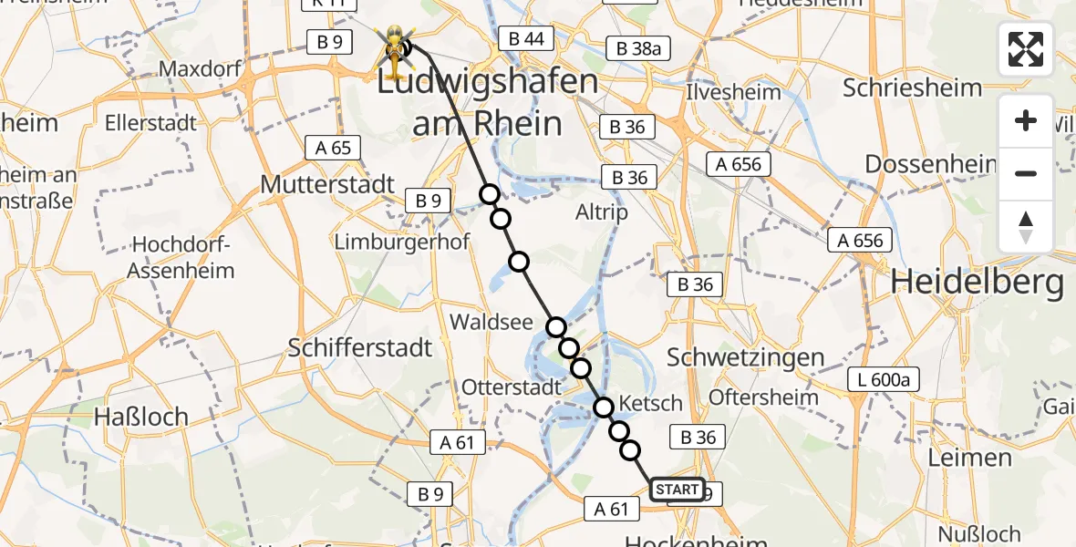 Flugroute Rettungshubschrauber Hockenheim - Ludwigshafen Accident Hospital, 10 März 2026, 09:11