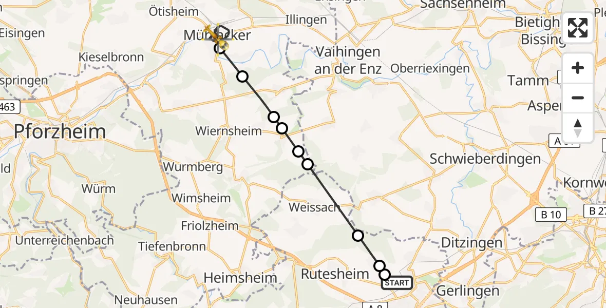 Flugroute Rettungshubschrauber Leonberg Hospital - Dürrmenz, 10 März 2026, 09:11