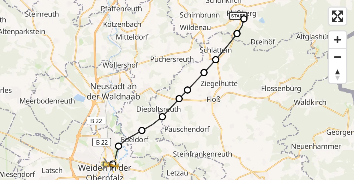 Flugroute Rettungshubschrauber Schönkirch - Weiden Hospital, 10 März 2026, 09:12