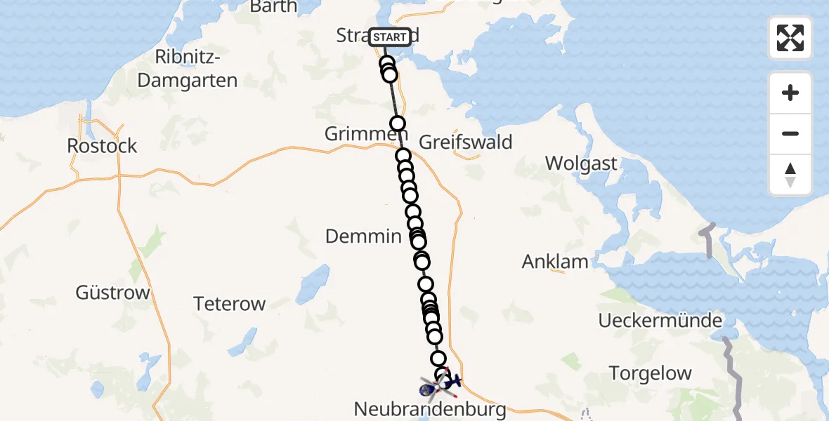 Flugroute Polizeihubschrauber Stralsund - Neubrandenburg Trollenhagen Airport, 10 März 2026, 09:15
