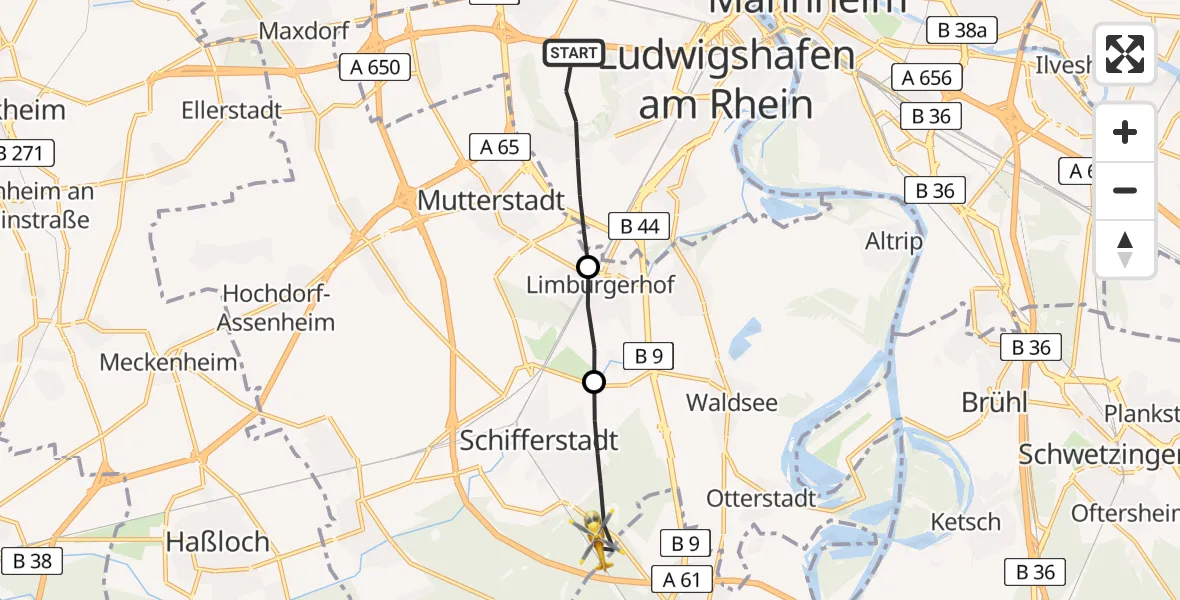Flugroute Rettungshubschrauber Ludwigshafen am Rhein - Schifferstadt, 10 März 2026, 09:17