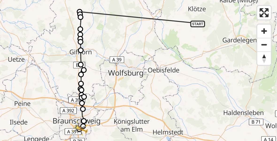 Flugroute Rettungshubschrauber Klötze - Südstadt-Rautheim-Mascherode, 10 März 2026, 09:19