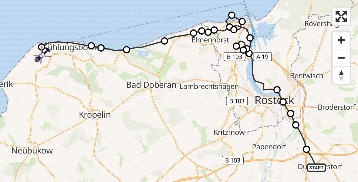 Routekaart van de vlucht: Polizeihubschrauber nach Bastorf, Kägsdorfer Landweg