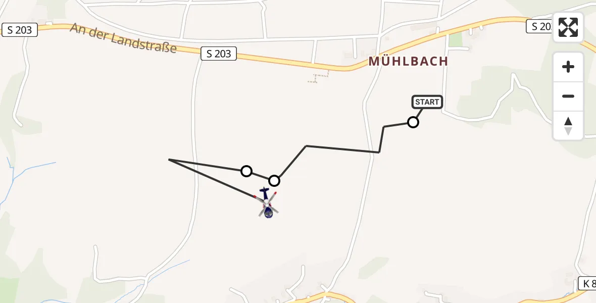 Flugroute Polizeihubschrauber Langenstriegis - Mühlbach, 10 März 2026, 09:20