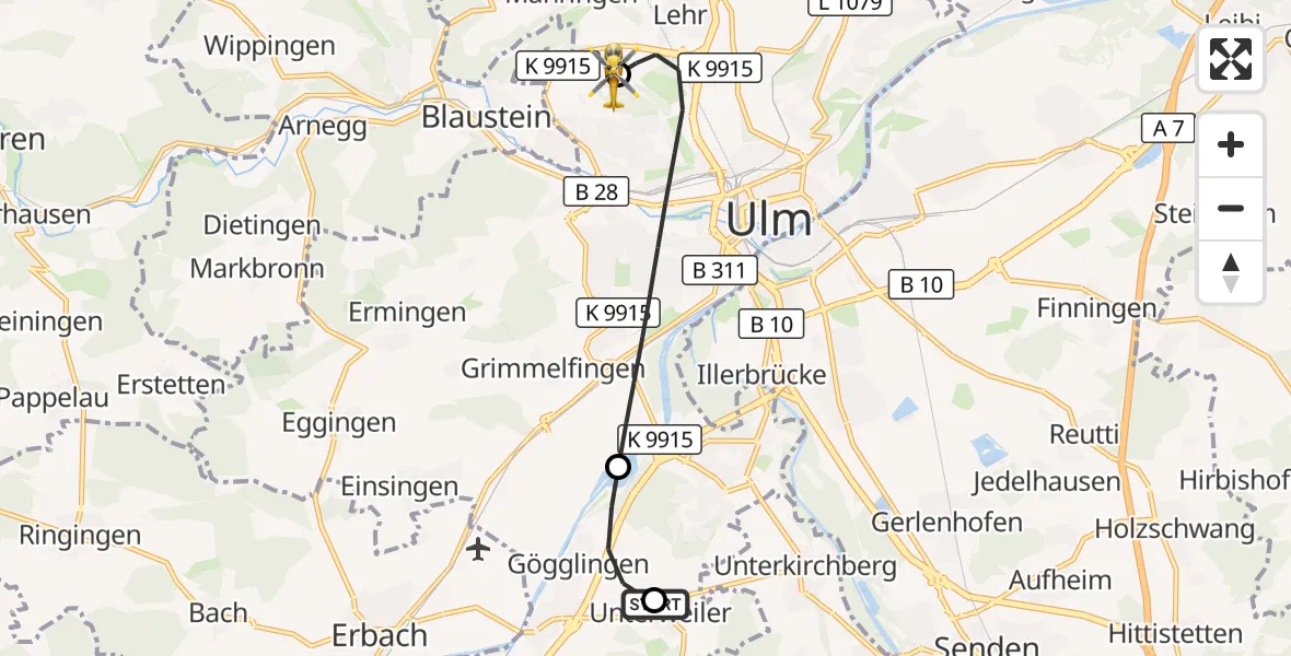 Flugroute Rettungshubschrauber Unterweiler - Ulm Military Hospital Emergency Heliport, 10 März 2026, 09:26