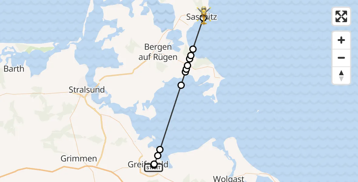 Flugroute Rettungshubschrauber Greifswald Hospital - Sassnitz, 10 März 2026, 09:27