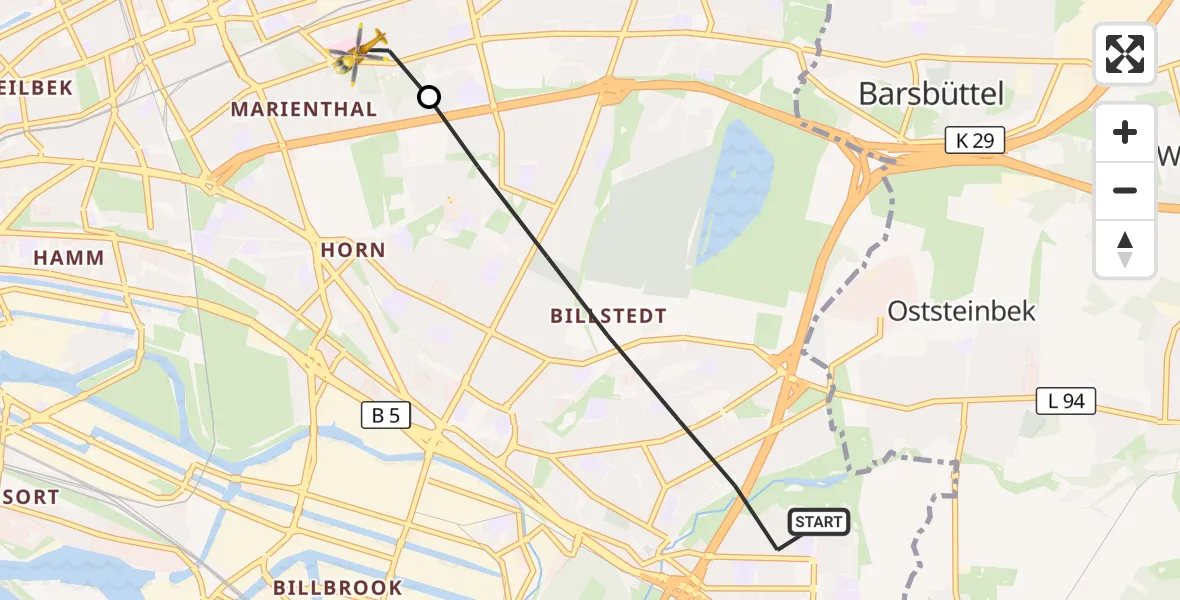 Flugroute Rettungshubschrauber Hamburg - Wandsbek, 10 März 2026, 09:27