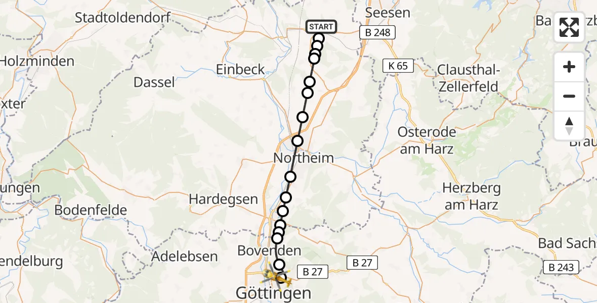 Routekaart van de vlucht: Rettungshubschrauber nach Göttingen University Clinic Heliport