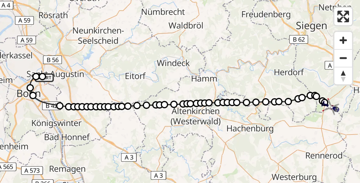 Flugroute Polizeihubschrauber Sankt Augustin - Siegerland Airport, 10 März 2026, 09:31