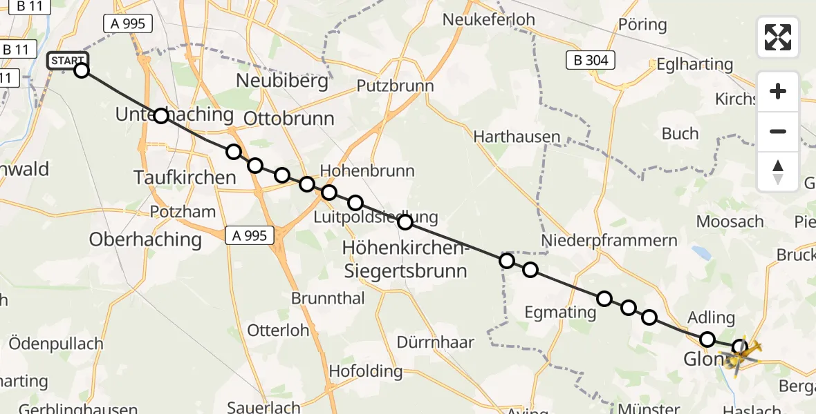 Flugroute Rettungshubschrauber ADAC Air Rescue Center Heliport (Christoph 1) - Wetterling, 10 März 2026, 09:35