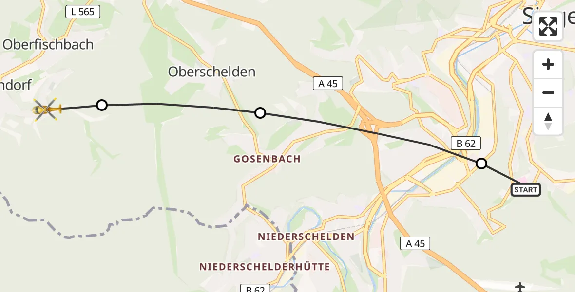 Flugroute Rettungshubschrauber Evangelisches Jung-Stilling Hospital - Niederndorf, 10 März 2026, 09:35
