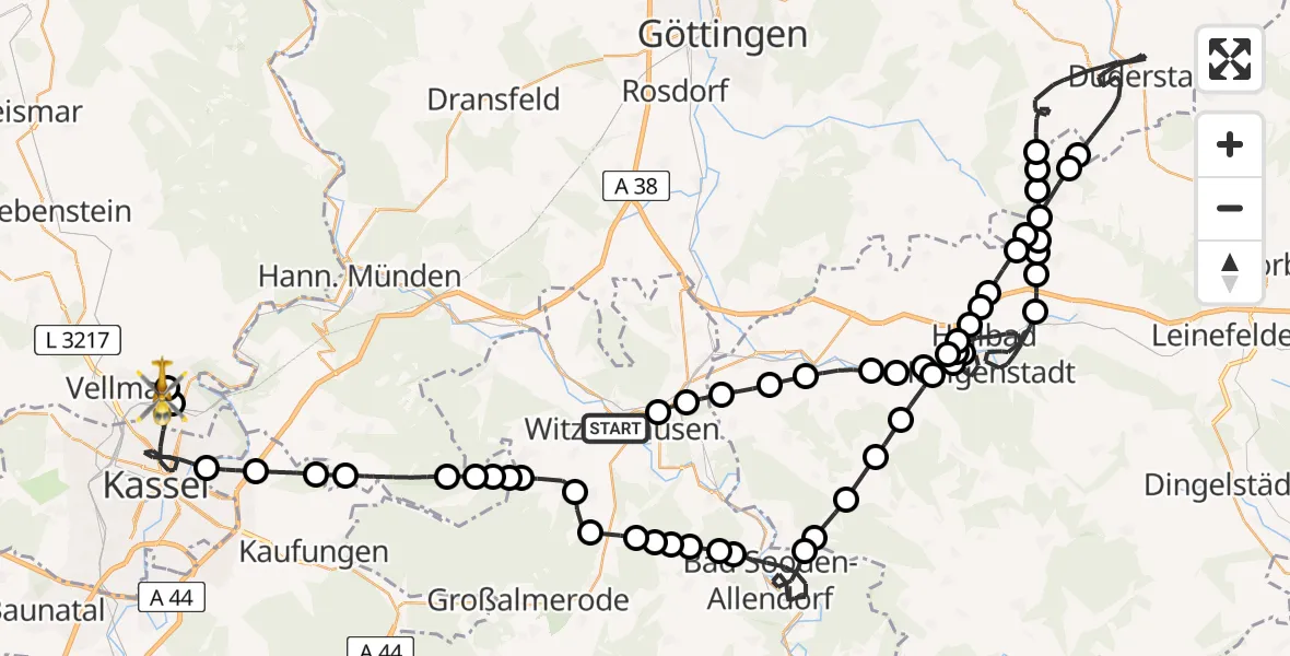 Flugroute Rettungshubschrauber Witzenhausen - Fuldatal Federal Police Heliport, 10 März 2026, 09:36
