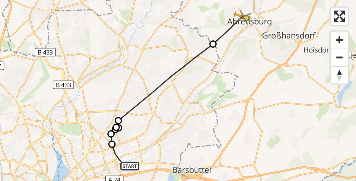 Flugroute Rettungshubschrauber Wandsbek - Ahrensburg, 10 März 2026, 09:46