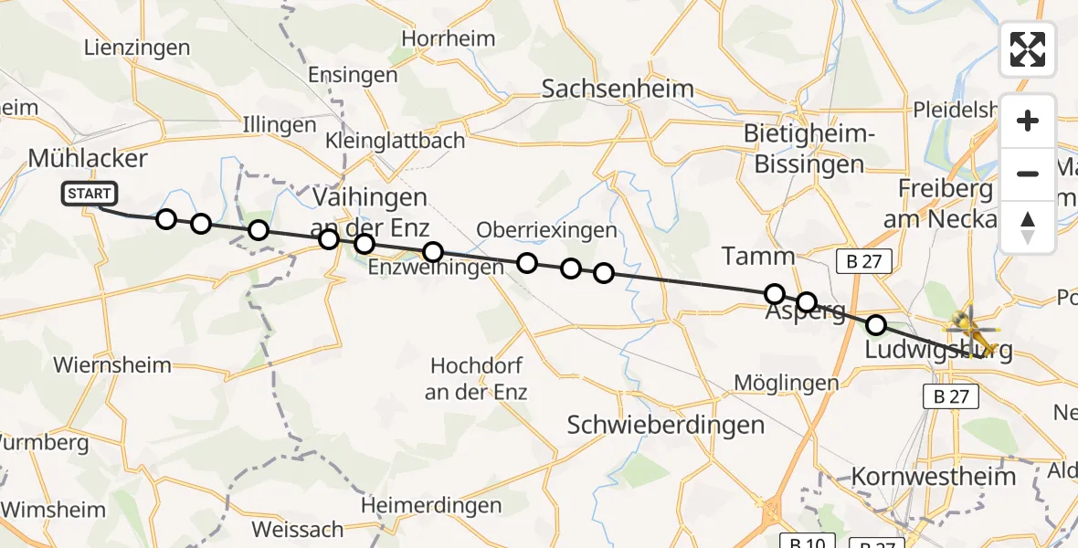 Flugroute Rettungshubschrauber Dürrmenz - Ludwigsburg, 10 März 2026, 09:47