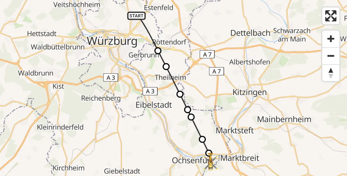 Flugroute Rettungshubschrauber Würzburg - Ochsenfurt, 10 März 2026, 09:51