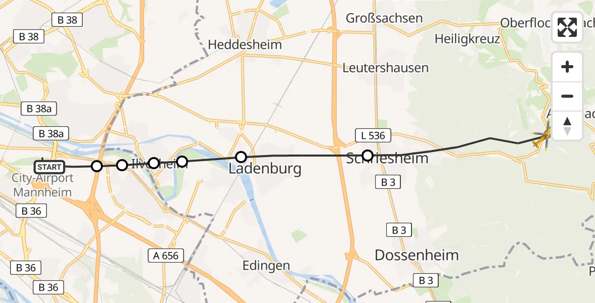 Flugroute Rettungshubschrauber Mannheim-City Airport - Schriesheim, 10 März 2026, 09:58