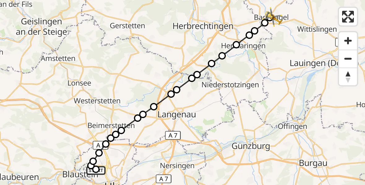 Flugroute Rettungshubschrauber Ulm Military Hospital Emergency - Burghagel, 10 März 2026, 09:59