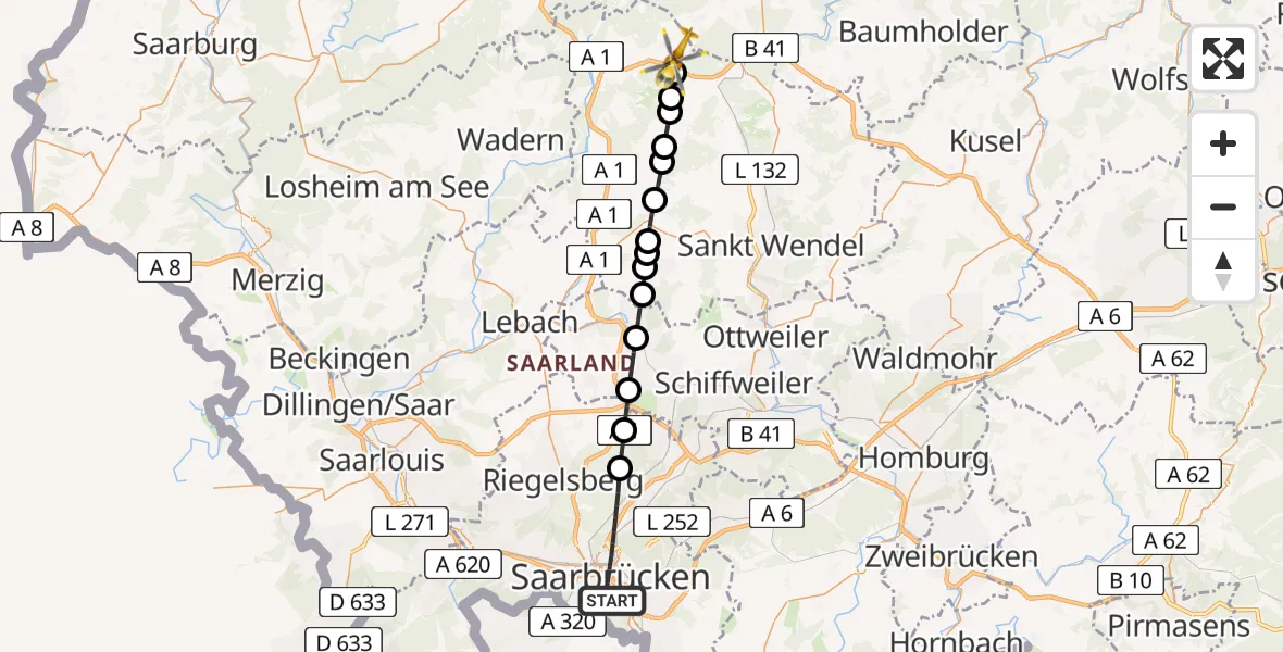 Flugroute Rettungshubschrauber Saarbrücken - Nohfelden, 10 März 2026, 10:04