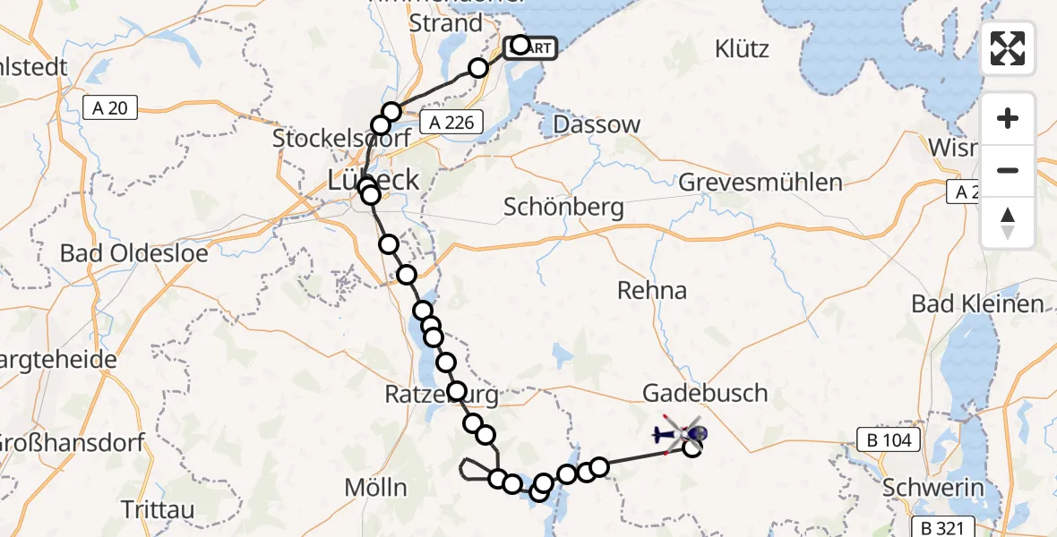 Flugroute Polizeihubschrauber Priwall - Krembz, 10 März 2026, 10:04