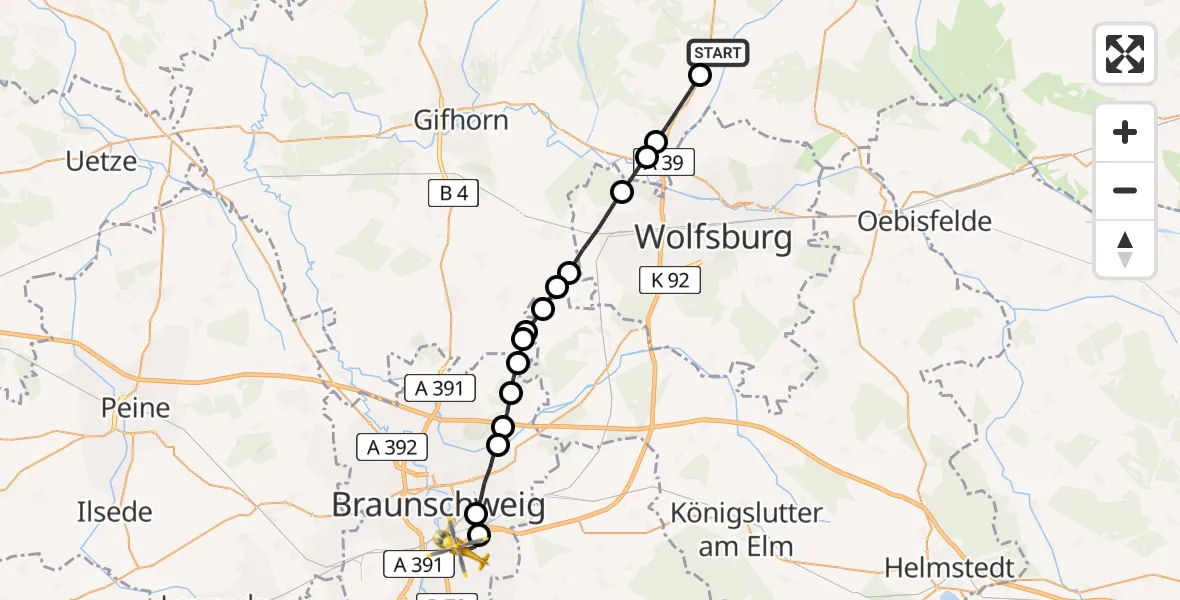 Routekaart van de vlucht: Rettungshubschrauber nach Südstadt-Rautheim-Mascherode, Salzdahlumer Straße