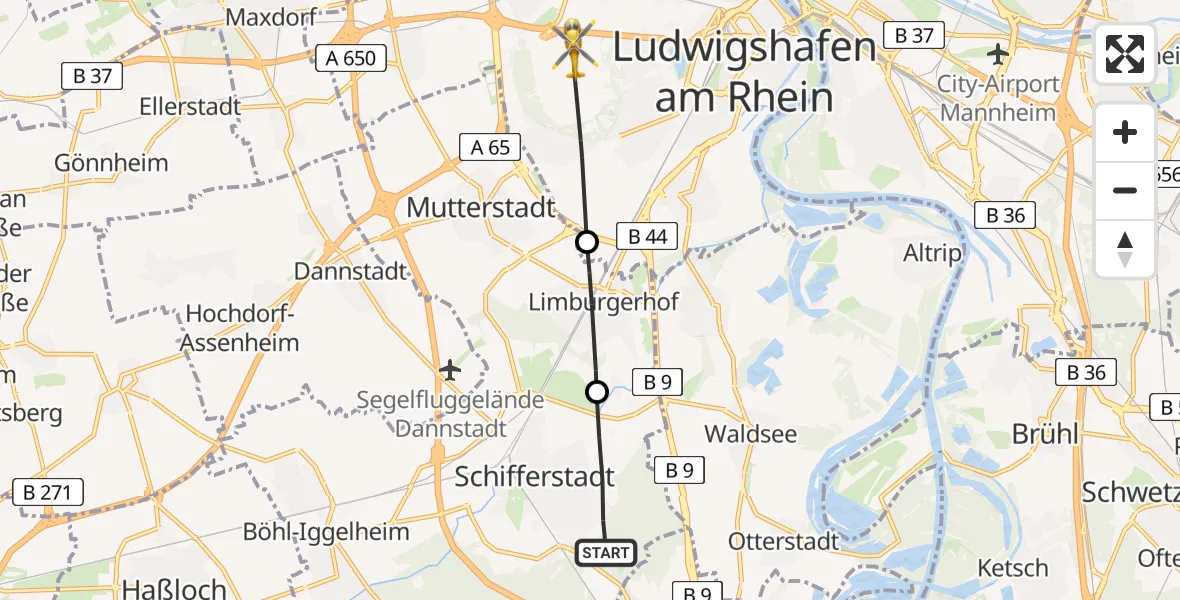 Flugroute Rettungshubschrauber Schifferstadt - Ludwigshafen am Rhein, 10 März 2026, 10:08