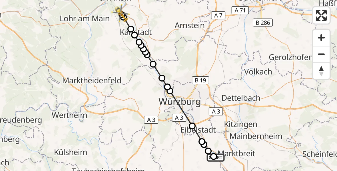 Flugroute Rettungshubschrauber Ochsenfurt - Harrbach, 10 März 2026, 10:10
