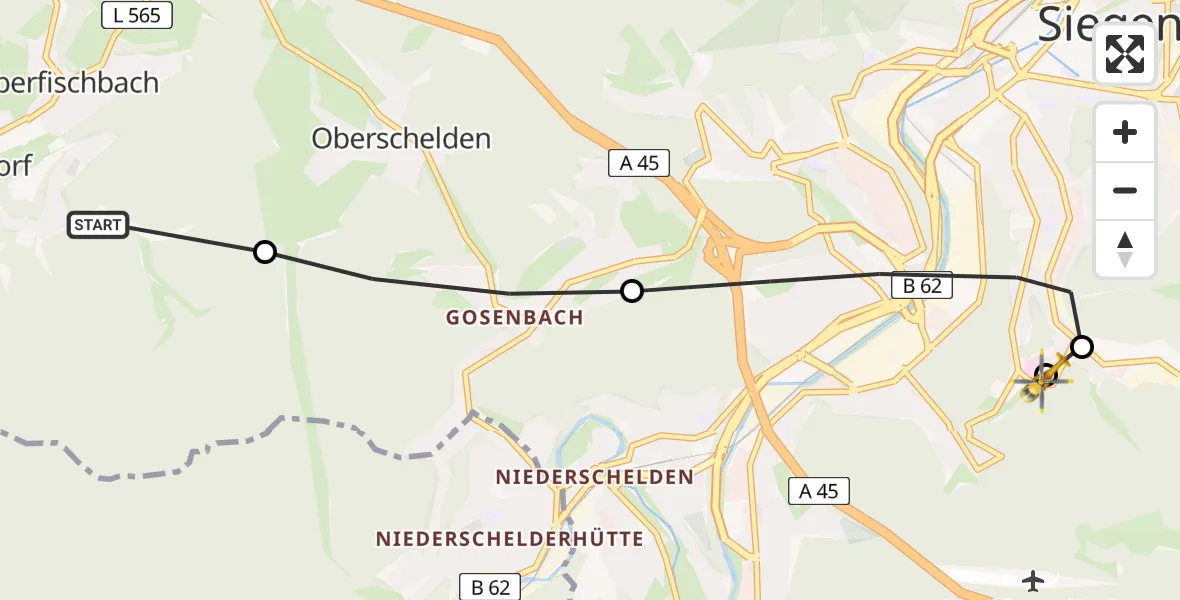 Flugroute Rettungshubschrauber Niederndorf - Evangelisches Jung-Stilling Hospital, 10 März 2026, 10:15
