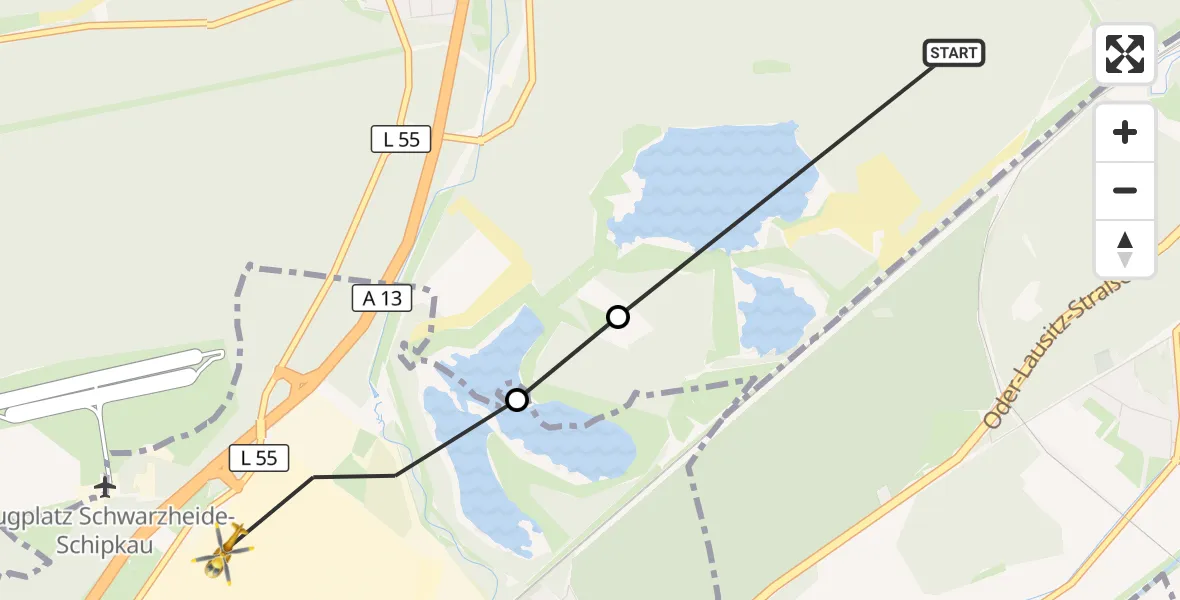 Flugroute Rettungshubschrauber Senftenberg - Schwarzheide, 10 März 2026, 10:15