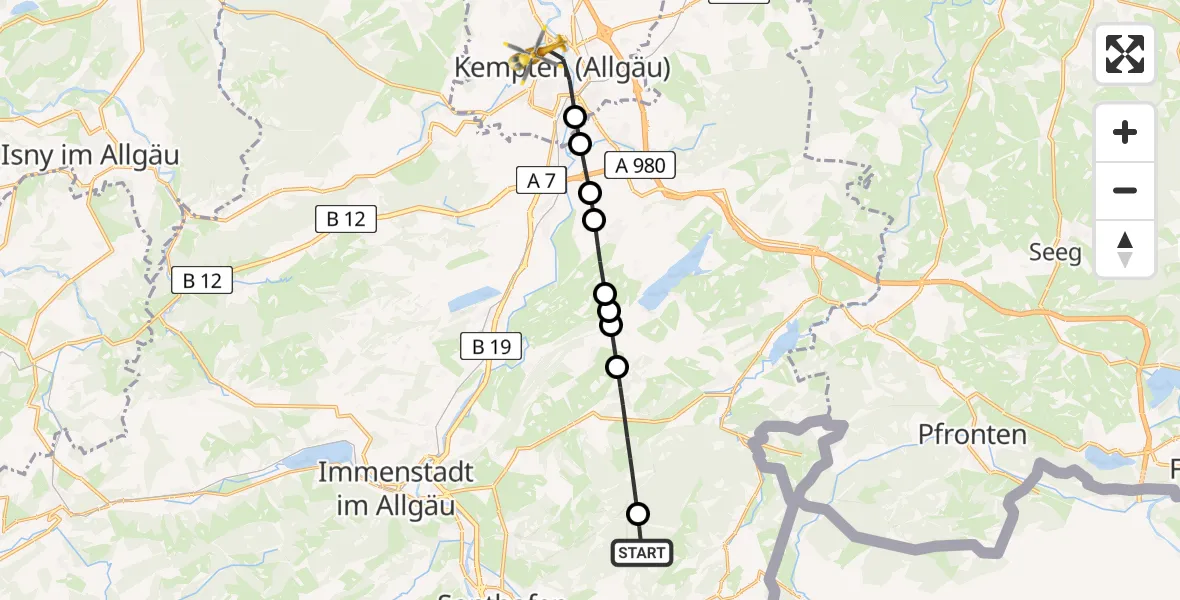 Routekaart van de vlucht: Rettungshubschrauber nach Kempten (Allgäu), Bischof-Freundorfer-Weg