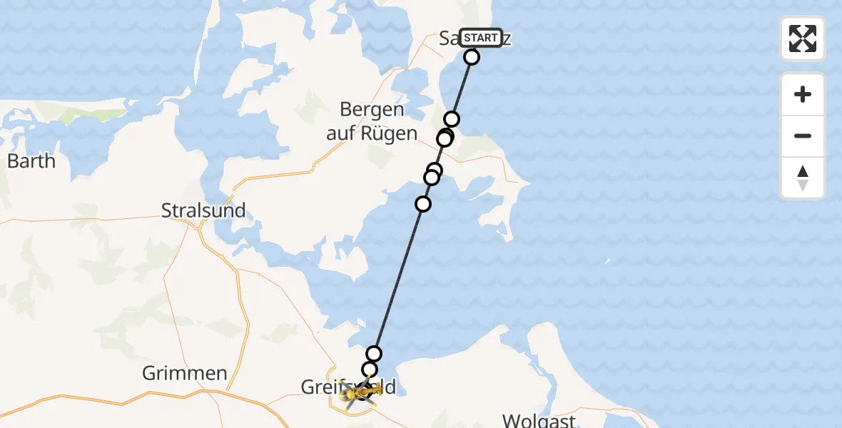 Flugroute Rettungshubschrauber Sassnitz - Greifswald Hospital, 10 März 2026, 10:23