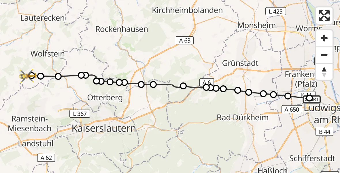 Flugroute Rettungshubschrauber Ludwigshafen am Rhein - Jettenbach, 10 März 2026, 10:34