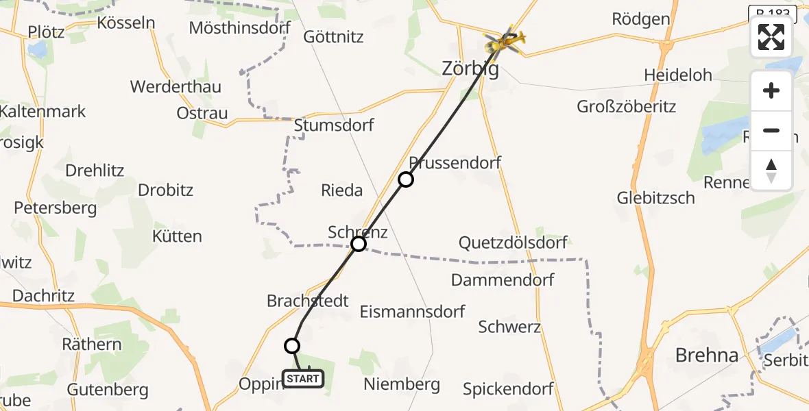 Flugroute Rettungshubschrauber Halle-Oppin Airfield - Zörbig, 10 März 2026, 10:34