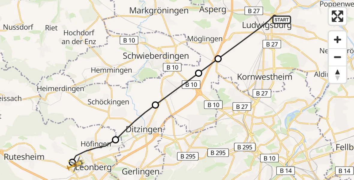 Flugroute Rettungshubschrauber Ludwigsburg - Leonberg Hospital, 10 März 2026, 10:36